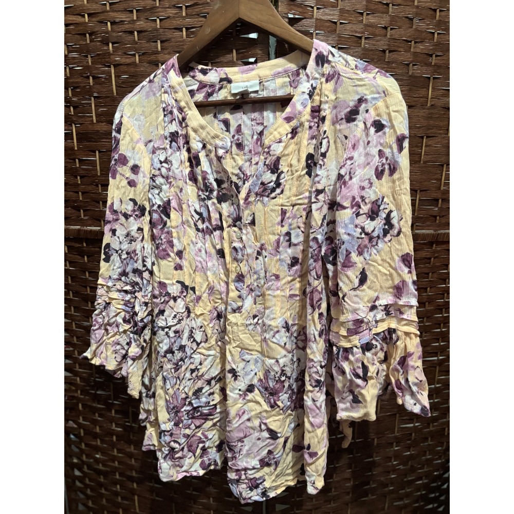 J. Jill XL Floral‎ Print Blouse Button Front V Neck Pleated Peach Orange